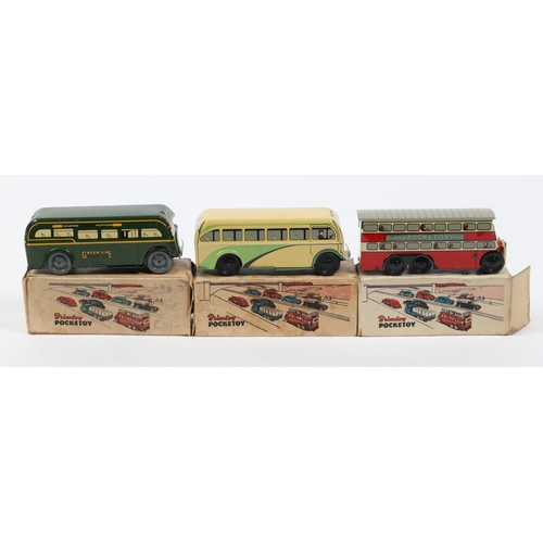 375 - 3 Wells Brimtoy pocket toys tinplate clockwork toys. Greenline  bus with grey plastic wheels, and sl... 