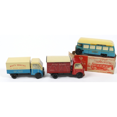 376 - 3 Wells toys tinplate vehicles, includes MACS SNACKS van, drop down side flap, and another British R... 