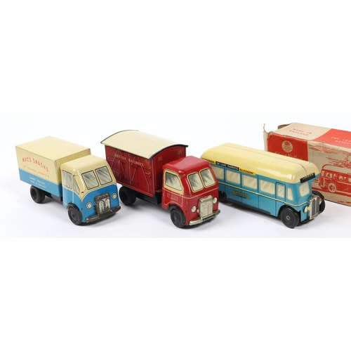 376 - 3 Wells toys tinplate vehicles, includes MACS SNACKS van, drop down side flap, and another British R... 