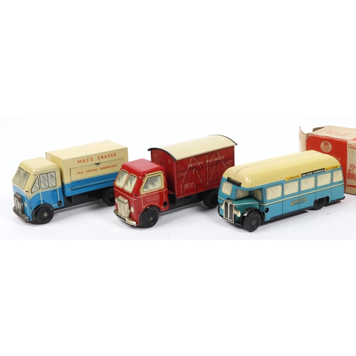 376 - 3 Wells toys tinplate vehicles, includes MACS SNACKS van, drop down side flap, and another British R... 