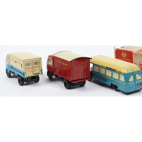 376 - 3 Wells toys tinplate vehicles, includes MACS SNACKS van, drop down side flap, and another British R... 