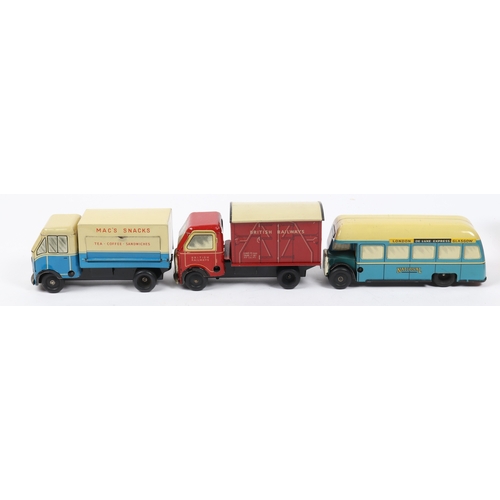 376 - 3 Wells toys tinplate vehicles, includes MACS SNACKS van, drop down side flap, and another British R... 