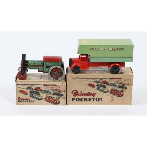 377 - 2 Wells Brimtoy Pocketoy vehicle. Long wheel base covered van in red chassis with green back 