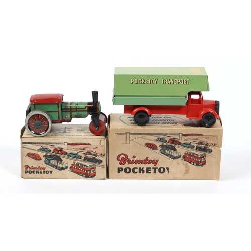 377 - 2 Wells Brimtoy Pocketoy vehicle. Long wheel base covered van in red chassis with green back 