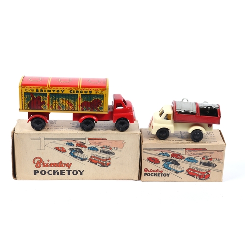 378 - 2 Wells Brimtoy Pocketoy vehicles. Circus Lorry with opening rear flap and animal litho to each side... 