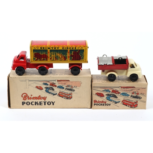 378 - 2 Wells Brimtoy Pocketoy vehicles. Circus Lorry with opening rear flap and animal litho to each side... 