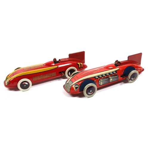 379 - 2 WELLS of London streamlined Tinplate clockwork  racing cars one is finished in red with yellow fla... 