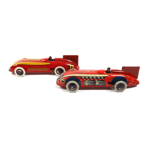 379 - 2 WELLS of London streamlined Tinplate clockwork  racing cars one is finished in red with yellow fla... 