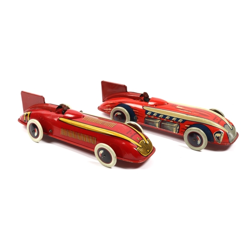 379 - 2 WELLS of London streamlined Tinplate clockwork  racing cars one is finished in red with yellow fla... 