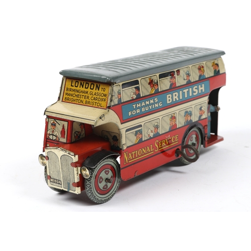 380 - Wells toys Tinplate bus with thanks for buying British and National Service to each side, Has a grey... 