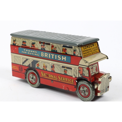 380 - Wells toys Tinplate bus with thanks for buying British and National Service to each side, Has a grey... 