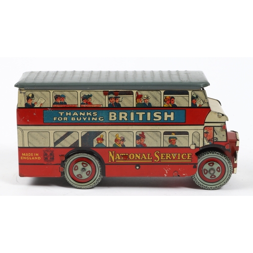 380 - Wells toys Tinplate bus with thanks for buying British and National Service to each side, Has a grey... 