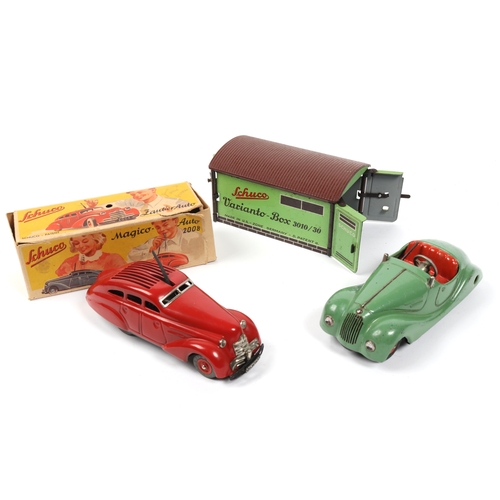 382 - 3 SCHUCO tin plate toys. Varianto -Box 3010/30 garage in green, with 2 sets of opening doors, Schuco... 