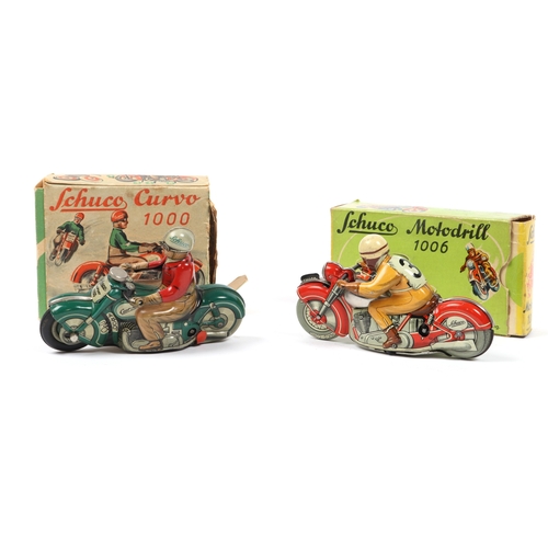 384 - 2 SCHUCO motorcycle toys. Motordrill 1006, in red with rider, No.3 to his back, Boxed with one inner... 