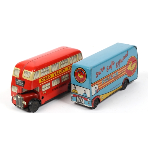 386 - 2 Chad Valley tinplate toys. London bus with CHAD VALLEY TOYS to each side, black rubber wheels, and... 