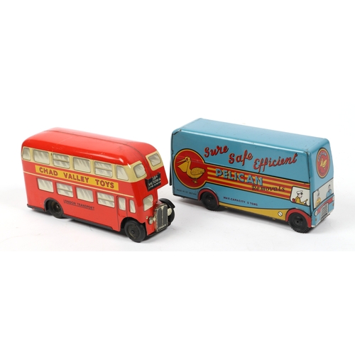 386 - 2 Chad Valley tinplate toys. London bus with CHAD VALLEY TOYS to each side, black rubber wheels, and... 