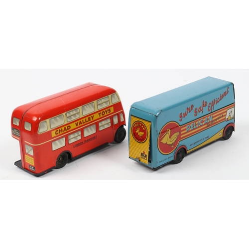 386 - 2 Chad Valley tinplate toys. London bus with CHAD VALLEY TOYS to each side, black rubber wheels, and... 