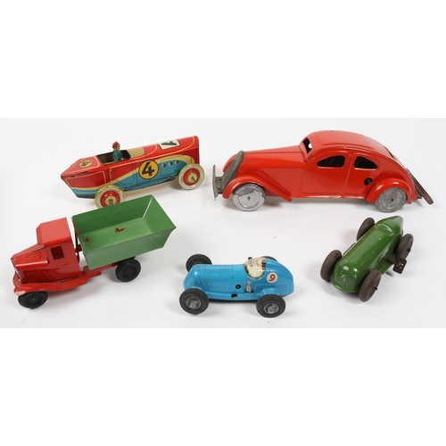 390 - 5 tinplate vehicles by various manufactures. ALTIN TURKMALI  racing car with wind up motor operated ... 