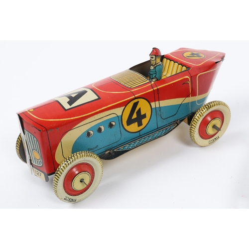 390 - 5 tinplate vehicles by various manufactures. ALTIN TURKMALI  racing car with wind up motor operated ... 