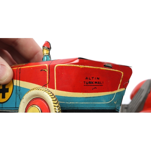 390 - 5 tinplate vehicles by various manufactures. ALTIN TURKMALI  racing car with wind up motor operated ... 