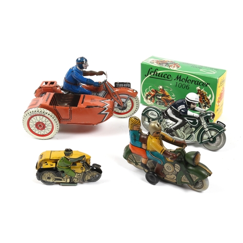 391 - 4 Motorcycle toys, A 1980s re issue SCHUCO 1006 boxed and unused, a modern issue motorcycle and side... 