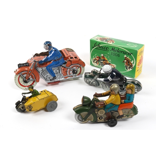 391 - 4 Motorcycle toys, A 1980s re issue SCHUCO 1006 boxed and unused, a modern issue motorcycle and side... 