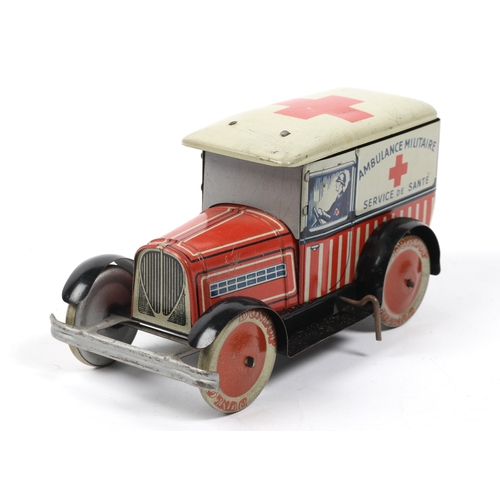 393 - An early 20th century Made in France Tinplate clockwork Peugeot 201 Military Ambulance. Has an openi... 