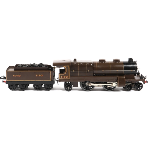 71 - A well restored French Hornby 3 rail electric 4-4-2 Tender Locomotive 31801, in dark brown gold line... 