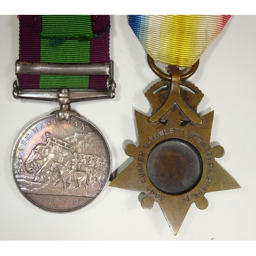 43 - Pair: Afghanistan Medal, 1 clasp Kandahar (engraved in sloping capitals 3645 Gunr M. Howlett 6/8 Bde... 