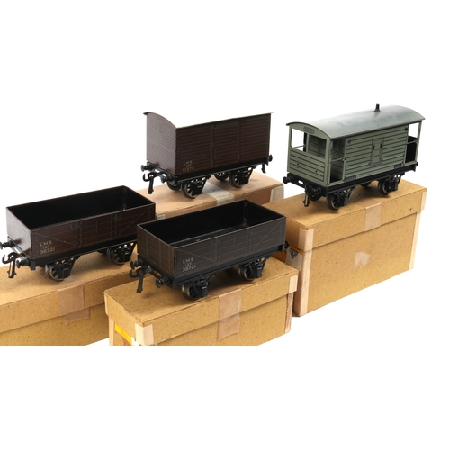 11 - 4 Bassett-Lowke Freight Wagons. 2x LMS TP Open Wagon. A LMS TP Covered Wagon and a BR TP Goods Brake... 