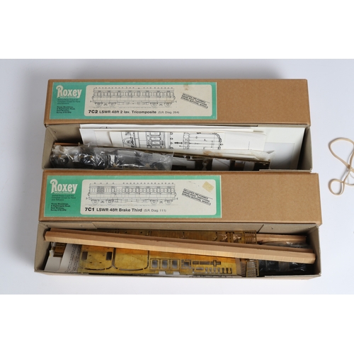 13 - 2 Roxey Mouldings LSWR bogie passenger coaches unmade kits. 48ft 2 Lav Tricomposite (SR diagram 264)... 