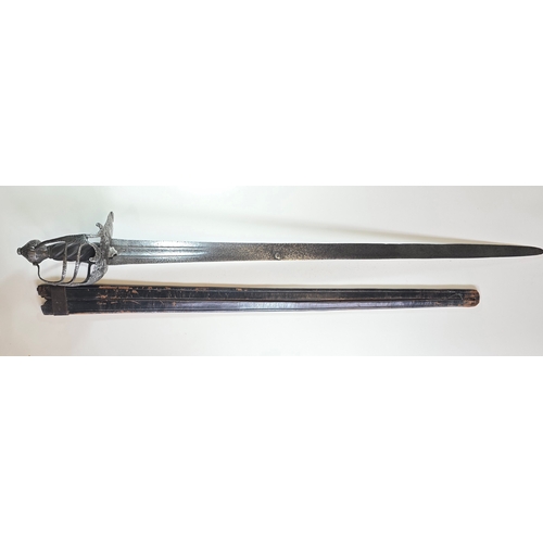 643 - A basket hilted Mortuary' broadsword c. 1650-60, broad double edge blade 82cms cut with a pair of sh... 