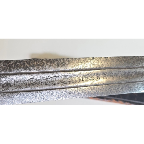 643 - A basket hilted Mortuary' broadsword c. 1650-60, broad double edge blade 82cms cut with a pair of sh... 