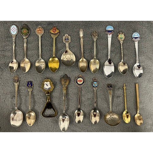 16 - An assortment of souvenir spoons with enamelled and painted tops, mostly E.P.N.S. c.1950 – 1980 comp... 