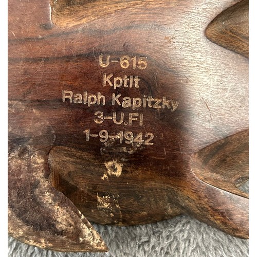 43 - A carved hardwood model of a turtle, 14cms overall, inscribed U-615 Kptit Ralph Kapitzky 3-U.FI 1-9-... 