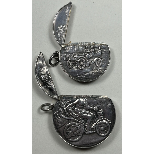 42 - 2 x H.M. silver vesta cases, the first Birmingham 1906, maker J.F with topless lady driving an early... 