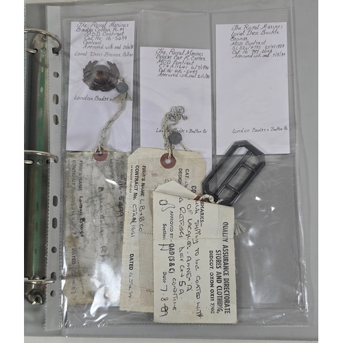218 - An album containing nine MOD sealed pattern Royal Marines cap badges and fittings and another contai... 