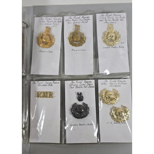 218 - An album containing nine MOD sealed pattern Royal Marines cap badges and fittings and another contai... 