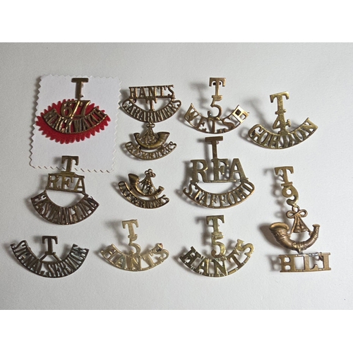 222 - Eleven Territorial brass shoulder titles, including 6/7/BLACKWATCH with seperate 