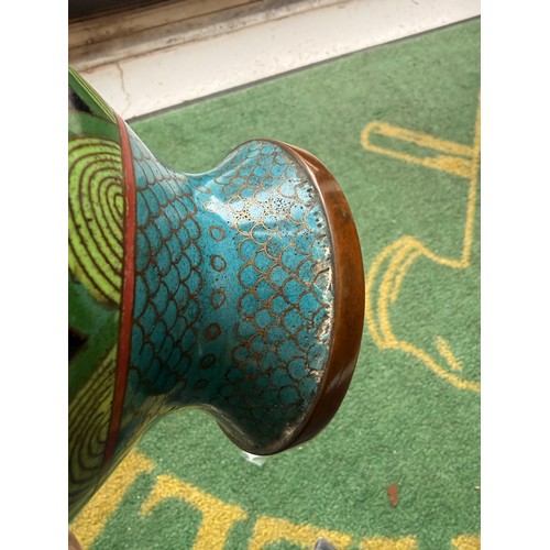 36 - A pair of oriental cloisonné vases, finished in bright colours; yellow, blue/green, yellow, and red,... 