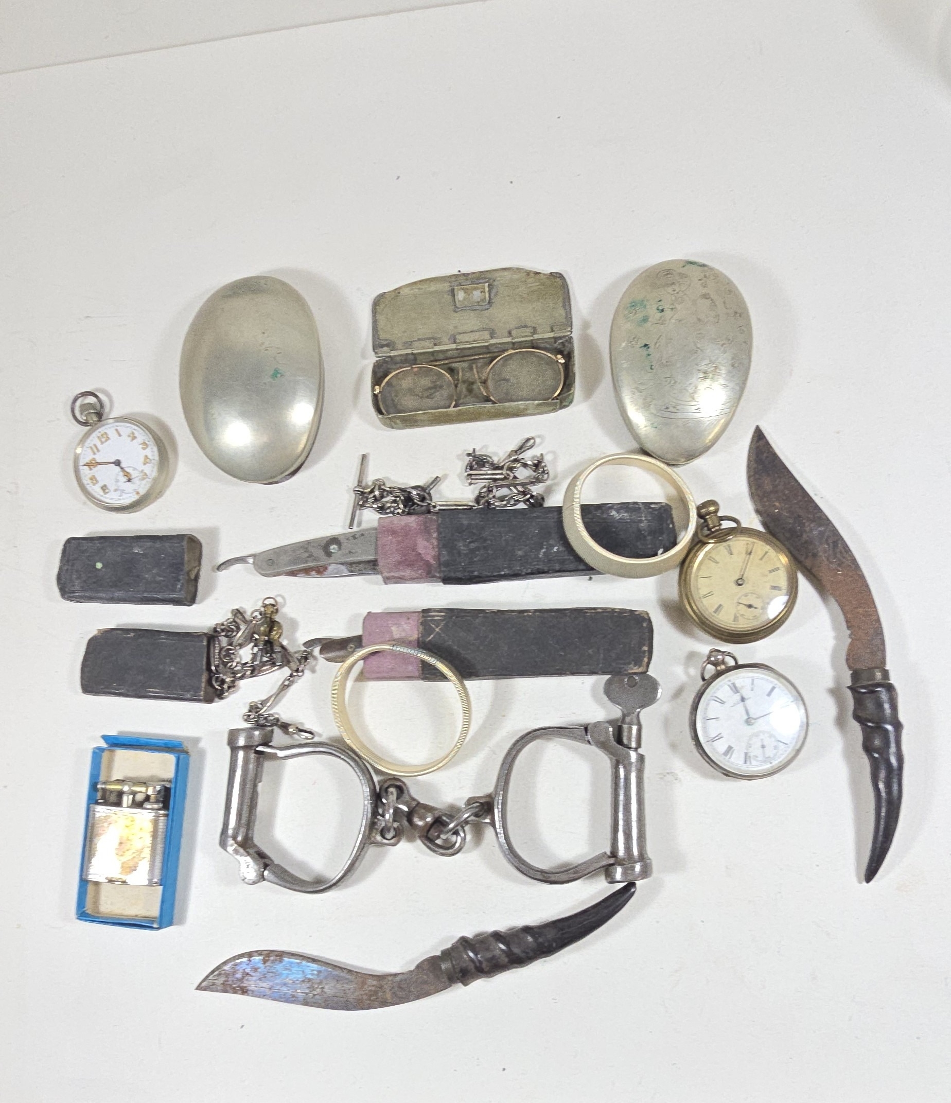 Assorted items comprising 2 nickel snuff boxes inc. 1 engraved with ...