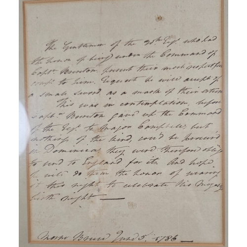 57 - A framed letter to Captain Brereton dated June 5th 1786 giving ‘a small sword’ to their afore mentio... 