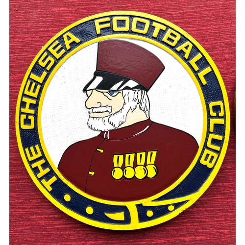 19 - Football interest. CHELSEA F.C. circular wooden plaque depicting a Chelsea Pensioner with the words ... 