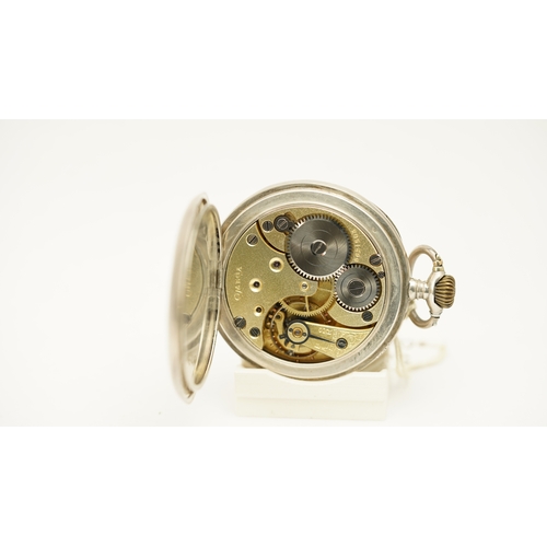 21 - Omega open face pocket watch. Silver case. 49mm. White dial with Arabic numerals and red 24hr markin... 
