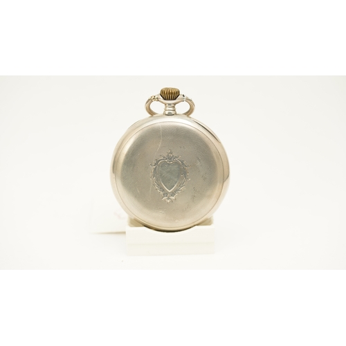 21 - Omega open face pocket watch. Silver case. 49mm. White dial with Arabic numerals and red 24hr markin... 