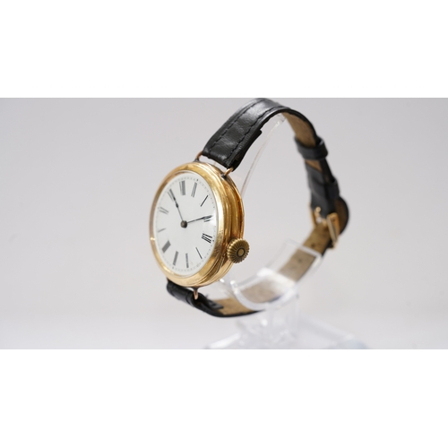 16 - Gentleman's Am Watch Company, Waltham, Mass, wristwatch conversion in 18kt gold. 35mm. Hinged case w... 
