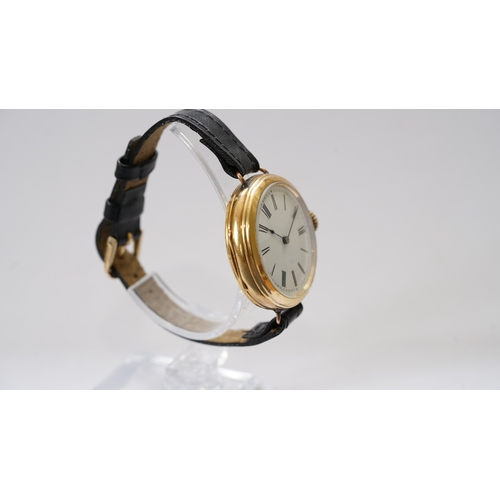 16 - Gentleman's Am Watch Company, Waltham, Mass, wristwatch conversion in 18kt gold. 35mm. Hinged case w... 