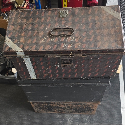 388 - 3 X metal storage boxes, one marked E.M Shaw R.I.N Gieves.