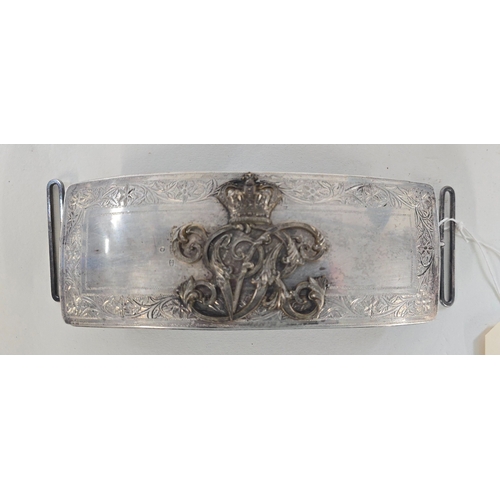 507 - A Victorian Cavalry officer's silver fronted pouch belt pouch, the plate bearing B'ham HM for 1876. ... 