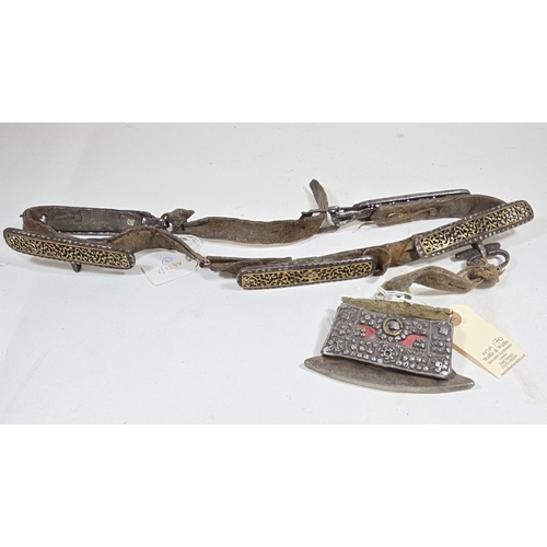 381 - A scarce Tibetan leather belt and chukmuk with metal mounts, probably 18th century, the belt with 5 ... 